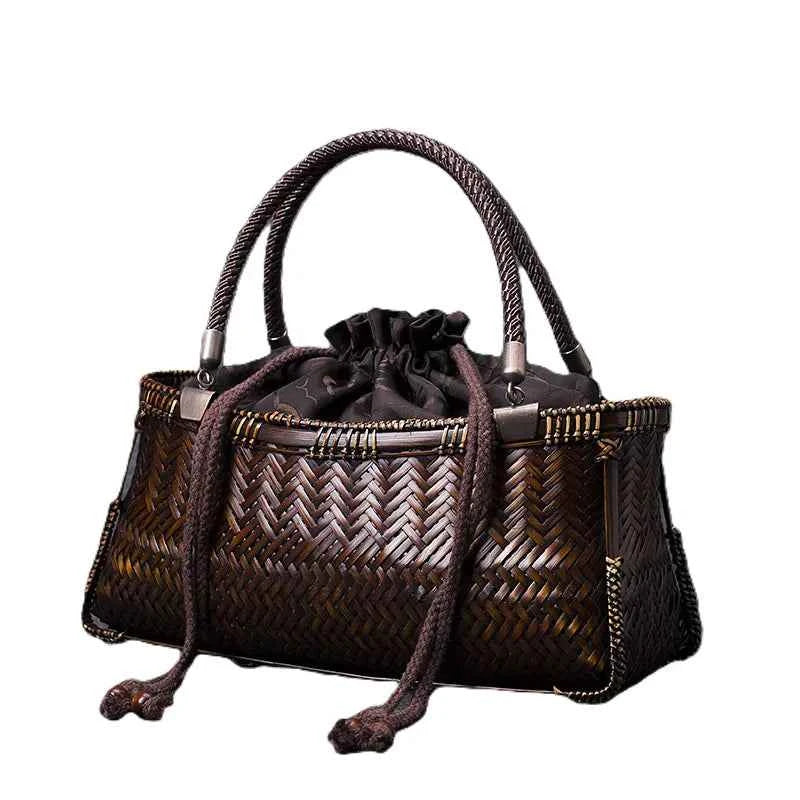 Handcrafted Boat-Shaped Bamboo Tote Bag with Drawstring Lining Vintage Woven Basket Handbag for Women