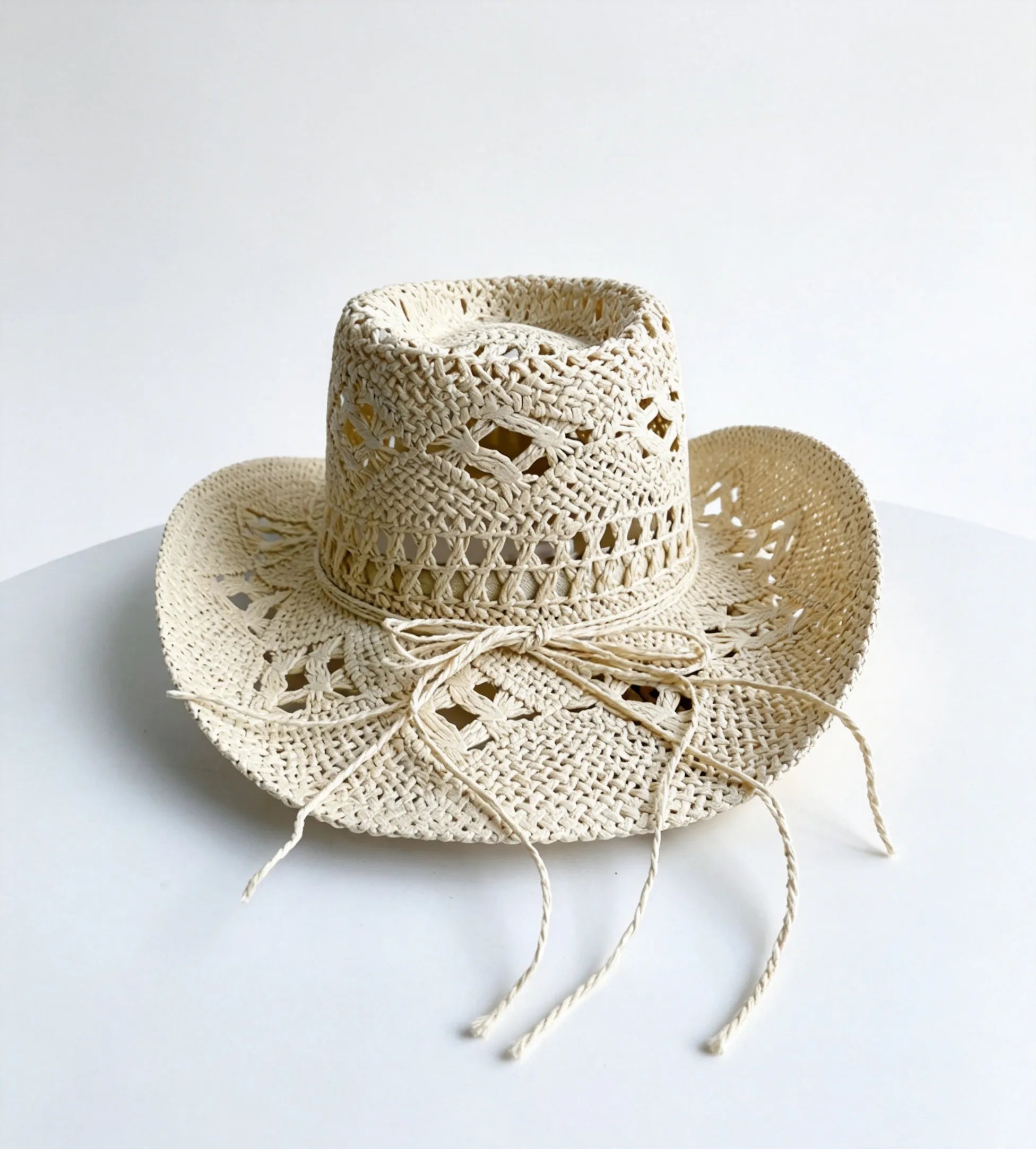 Handcrafted Western Cowboy Straw Hat Hollow Out Breathable Sun Beach Cap