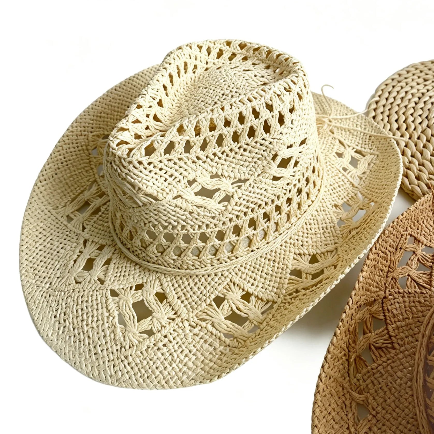 Handcrafted Western Cowboy Straw Hat Hollow Out Breathable Sun Beach Cap