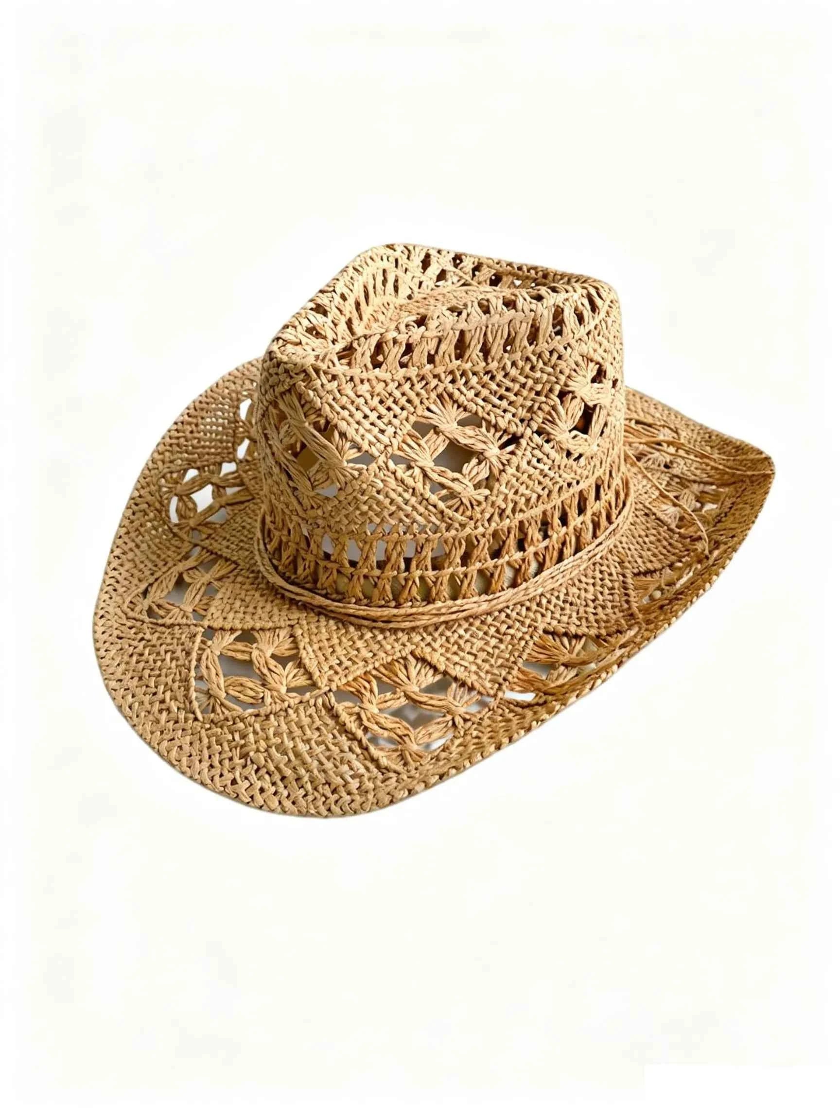Handcrafted Western Cowboy Straw Hat Hollow Out Breathable Sun Beach Cap