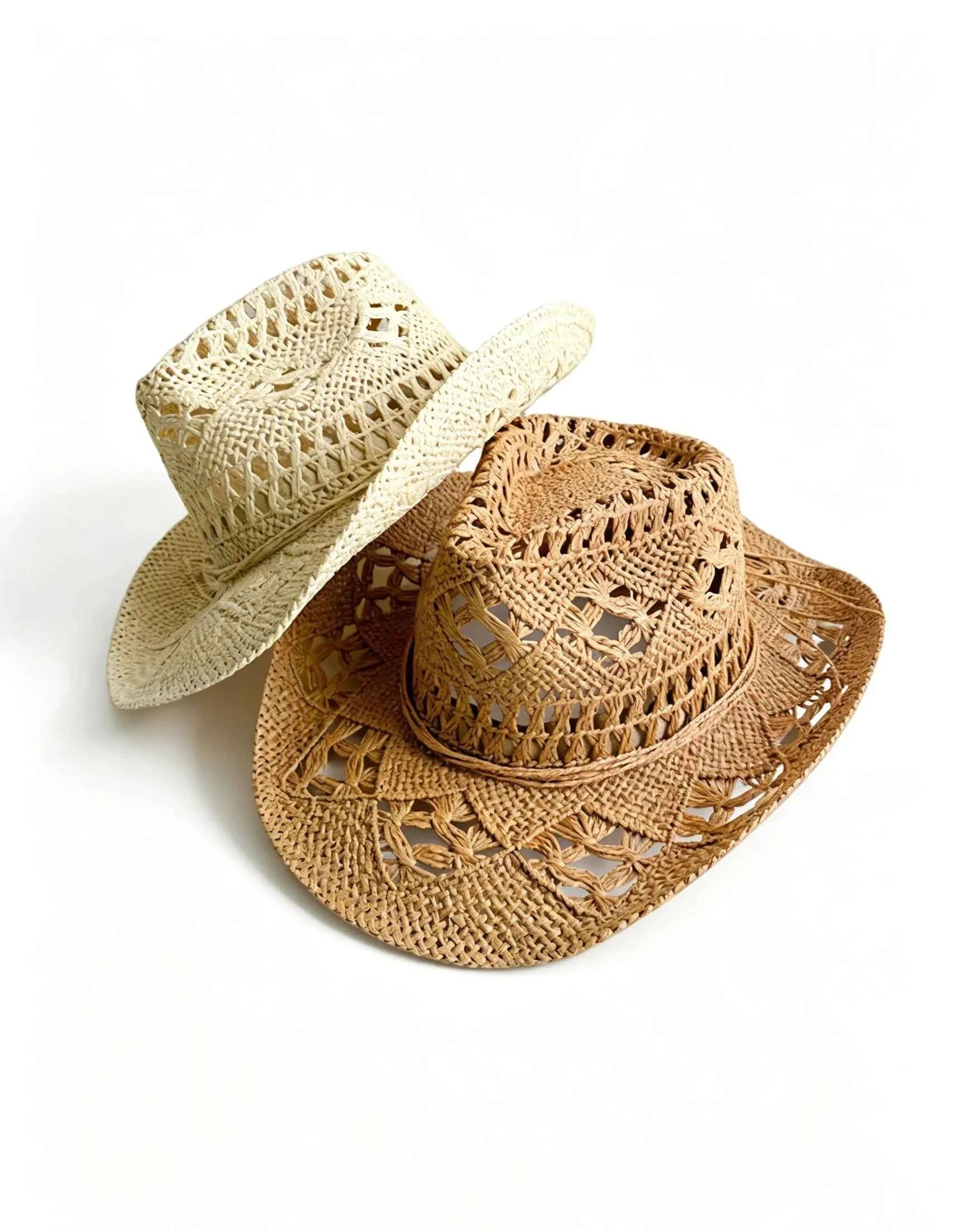Handcrafted Western Cowboy Straw Hat Hollow Out Breathable Sun Beach Cap