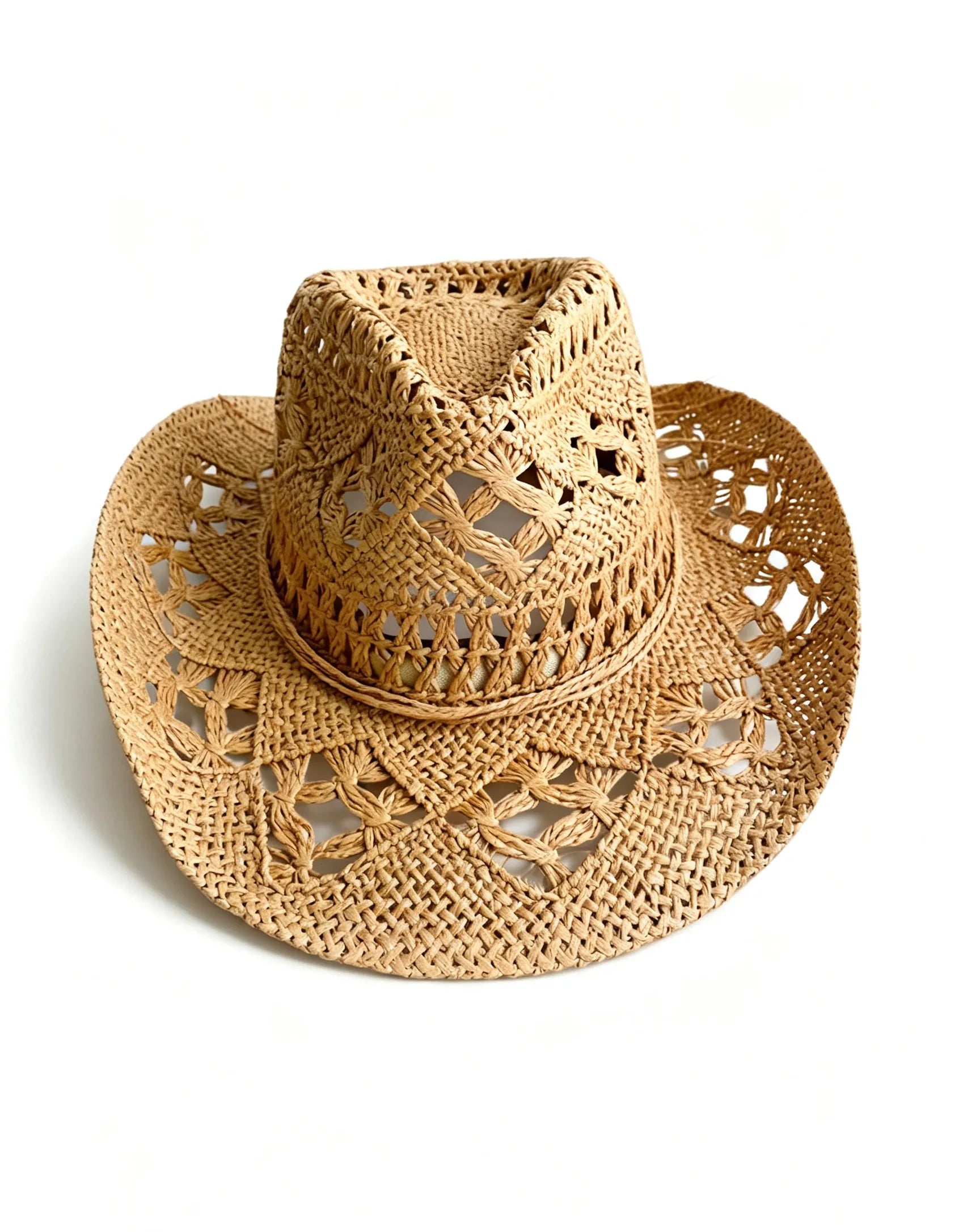 Handcrafted Western Cowboy Straw Hat Hollow Out Breathable Sun Beach Cap
