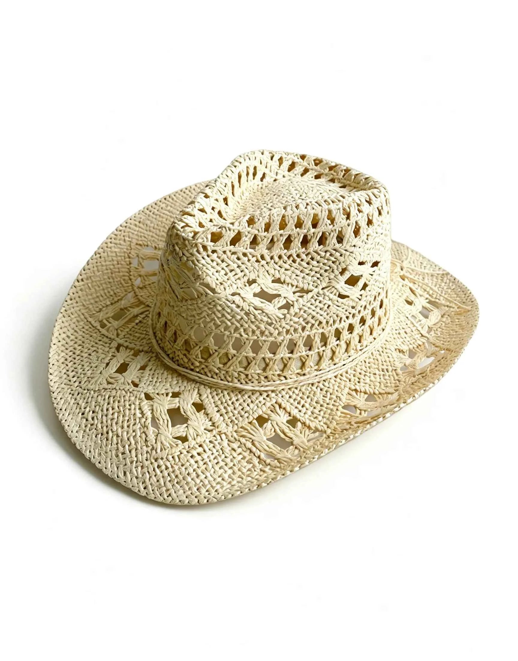 Handcrafted Western Cowboy Straw Hat Hollow Out Breathable Sun Beach Cap