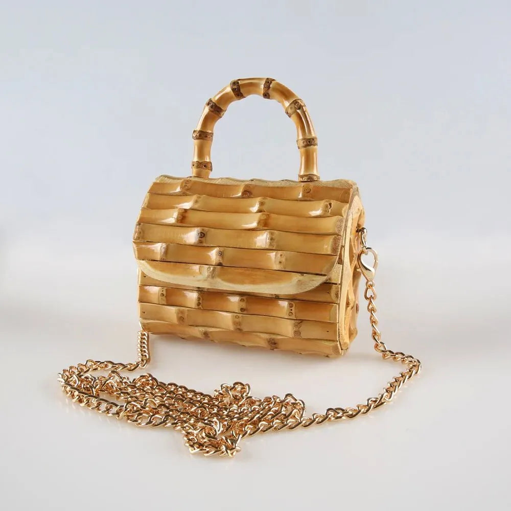 Handcrafted Natural Bamboo Root Mini Box Bag | Vintage Top-Handle & Crossbody Chain Purse - Verdant Bind