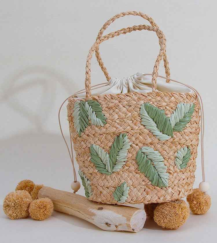 Handcrafted Raffia Bucket Bag Woven Leaf Pattern Drawstring Tote