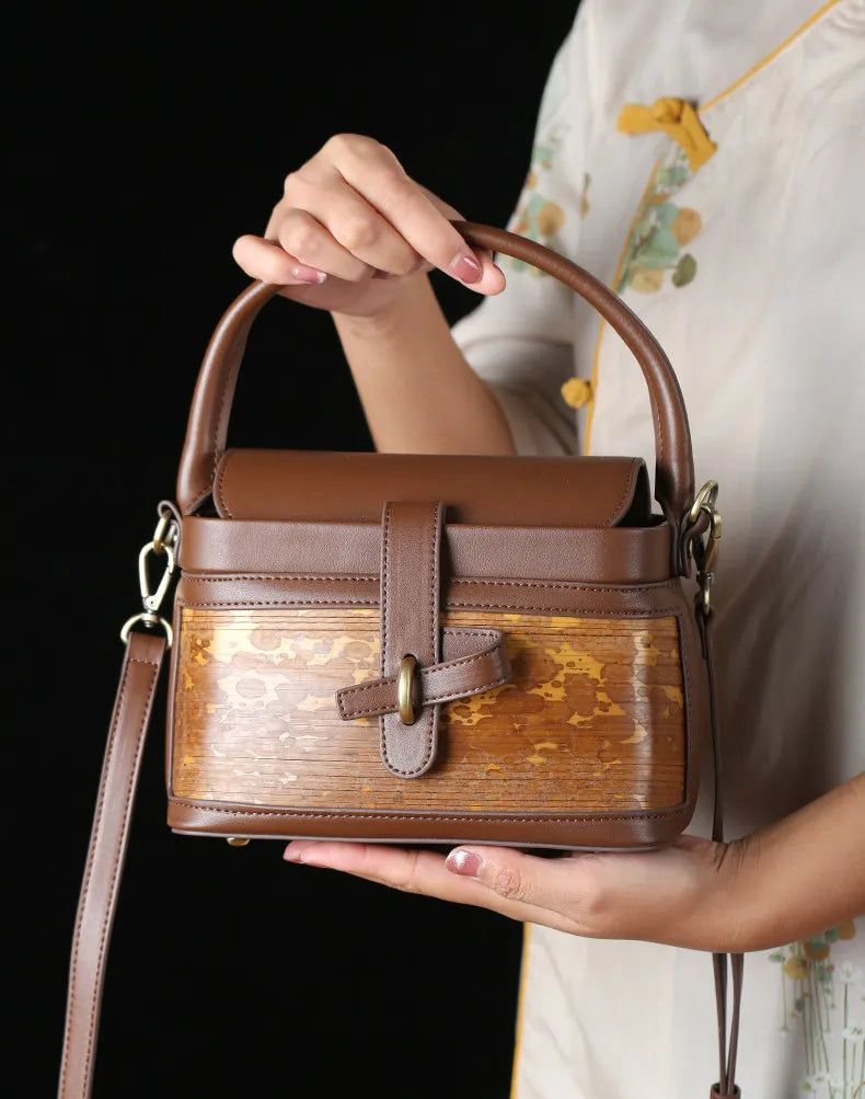Handcrafted Mottled Bamboo and Genuine Leather Crossbody Bag Vintage Square Box Tote for Women - Verdant Bind