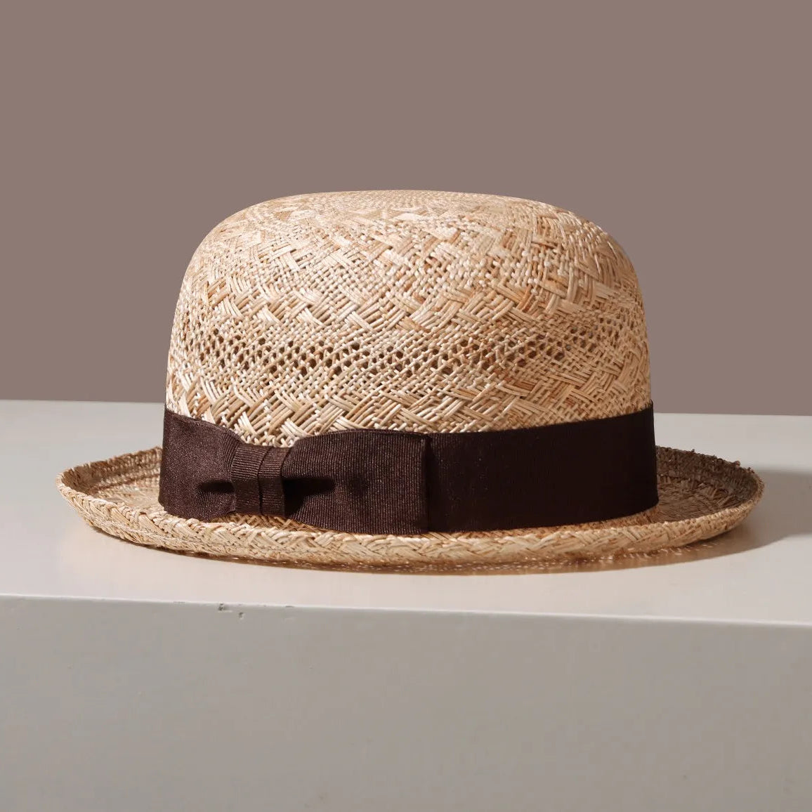 Handcrafted Natural Straw Porkpie Sun Hat | Vintage Rolled Brim Boater Cap with Grosgrain Ribbon - Verdant Bind