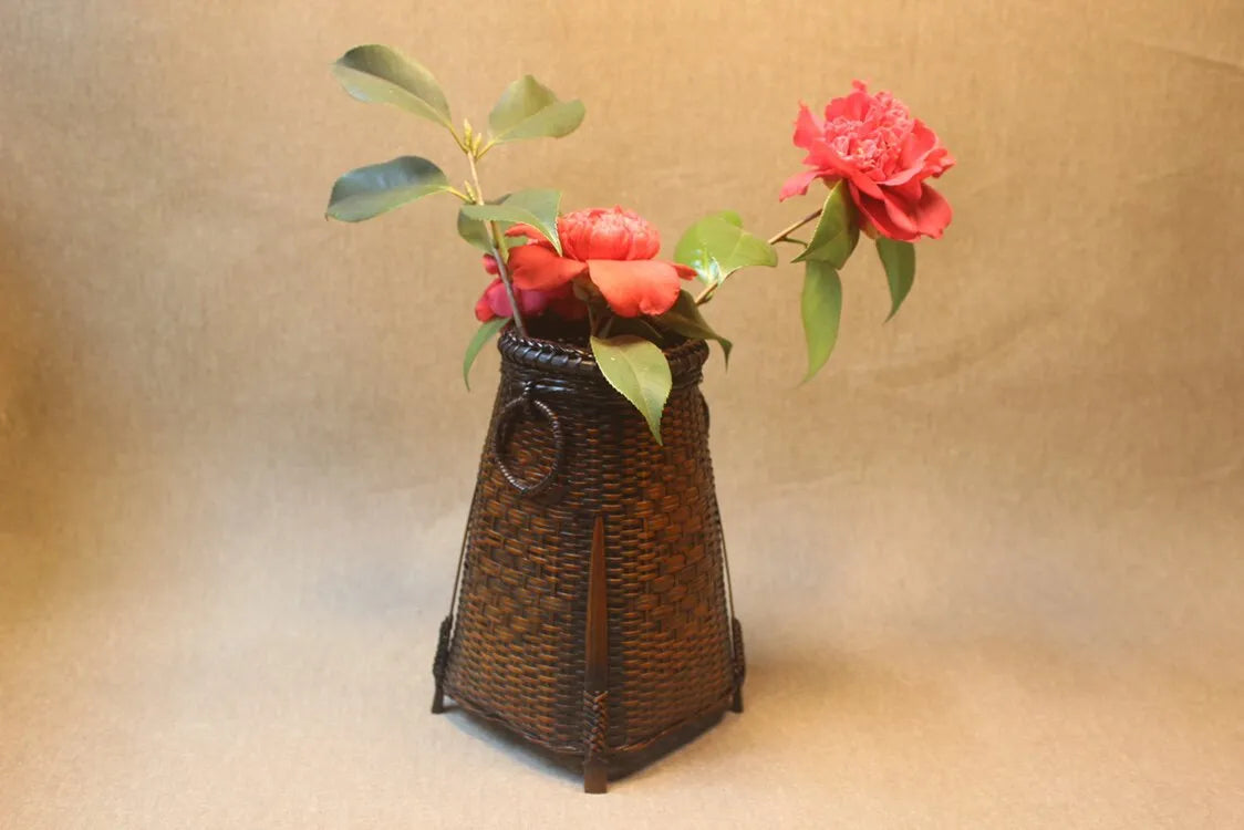 Handcrafted Woven Bamboo Flower Vase with Inner Water Container | Traditional Dark Lacquer Tabletop Floral Vessel - Verdant B