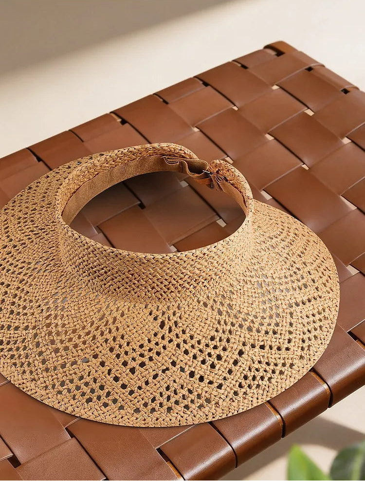 Handcrafted French Open-Weave Straw Visor Hat | Wide Brim Summer Sun Hat & Roll-Up Empty Top Beach Cap