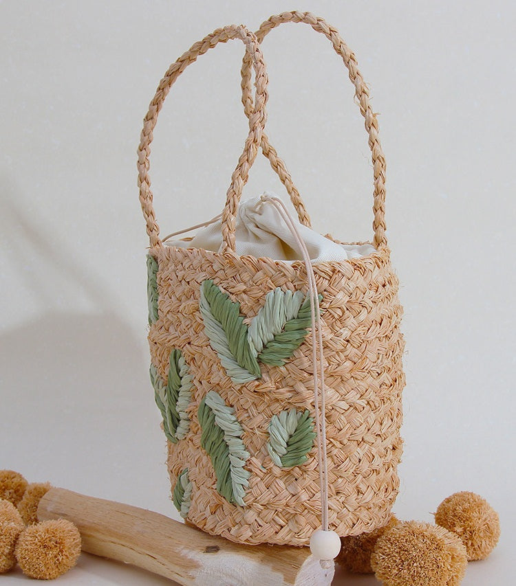 Handcrafted Raffia Bucket Bag Woven Leaf Pattern Drawstring Tote