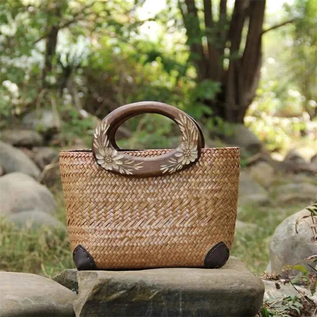 The Bali Vintage Carved Wooden Handle Seagrass Tote Bag - Verdant Bind