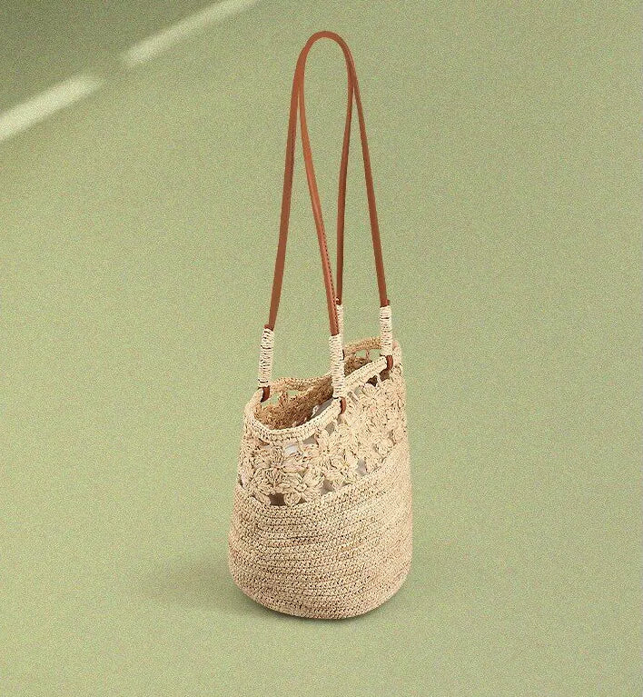 The Riviera Handwoven Floral Raffia Bucket Tote Bag