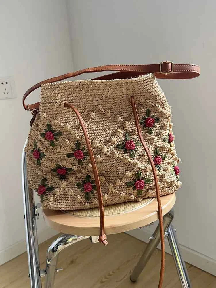 The Tuscan Romantic Crochet Rose Raffia Bucket Bag - Verdant Bind