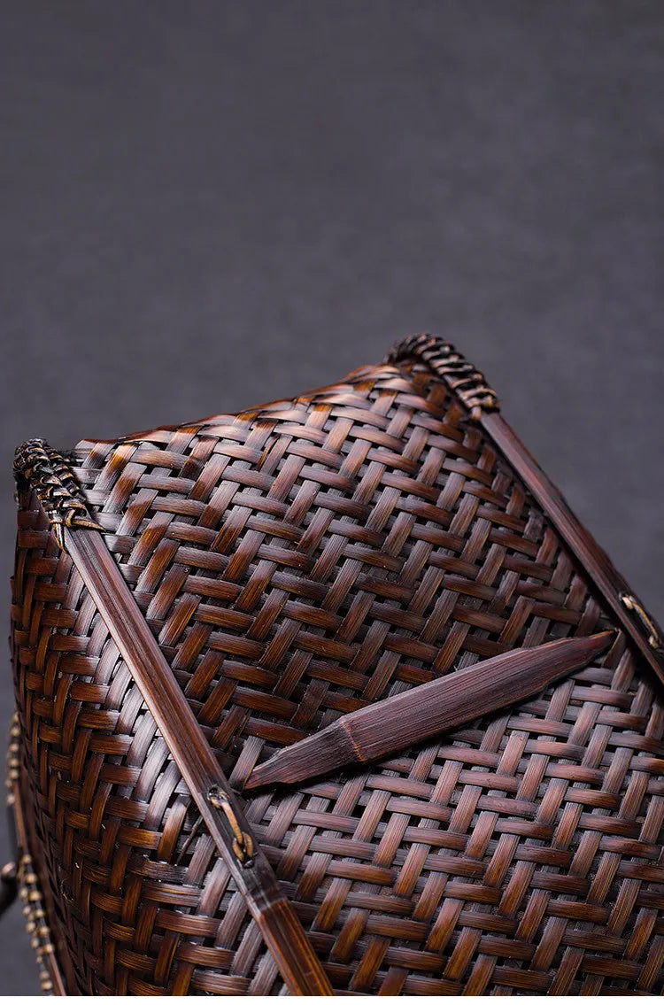 Handcrafted Boat-Shaped Bamboo Tote Bag with Drawstring Lining Vintage Woven Basket Handbag for Women