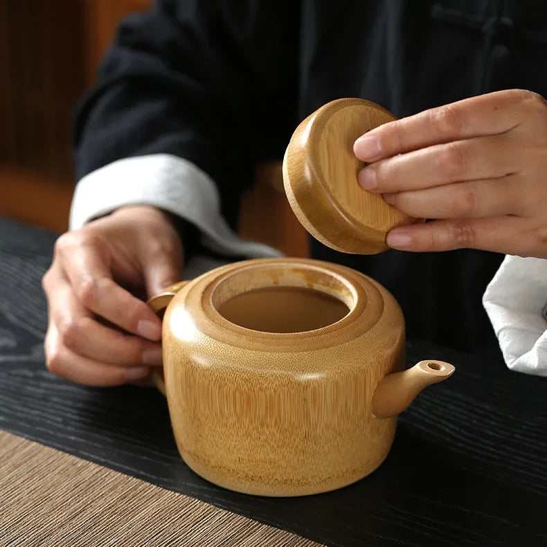 Handcrafted Solid Bamboo Teapot with Stand | Functional Water-Tight Teapot - Verdant Bind