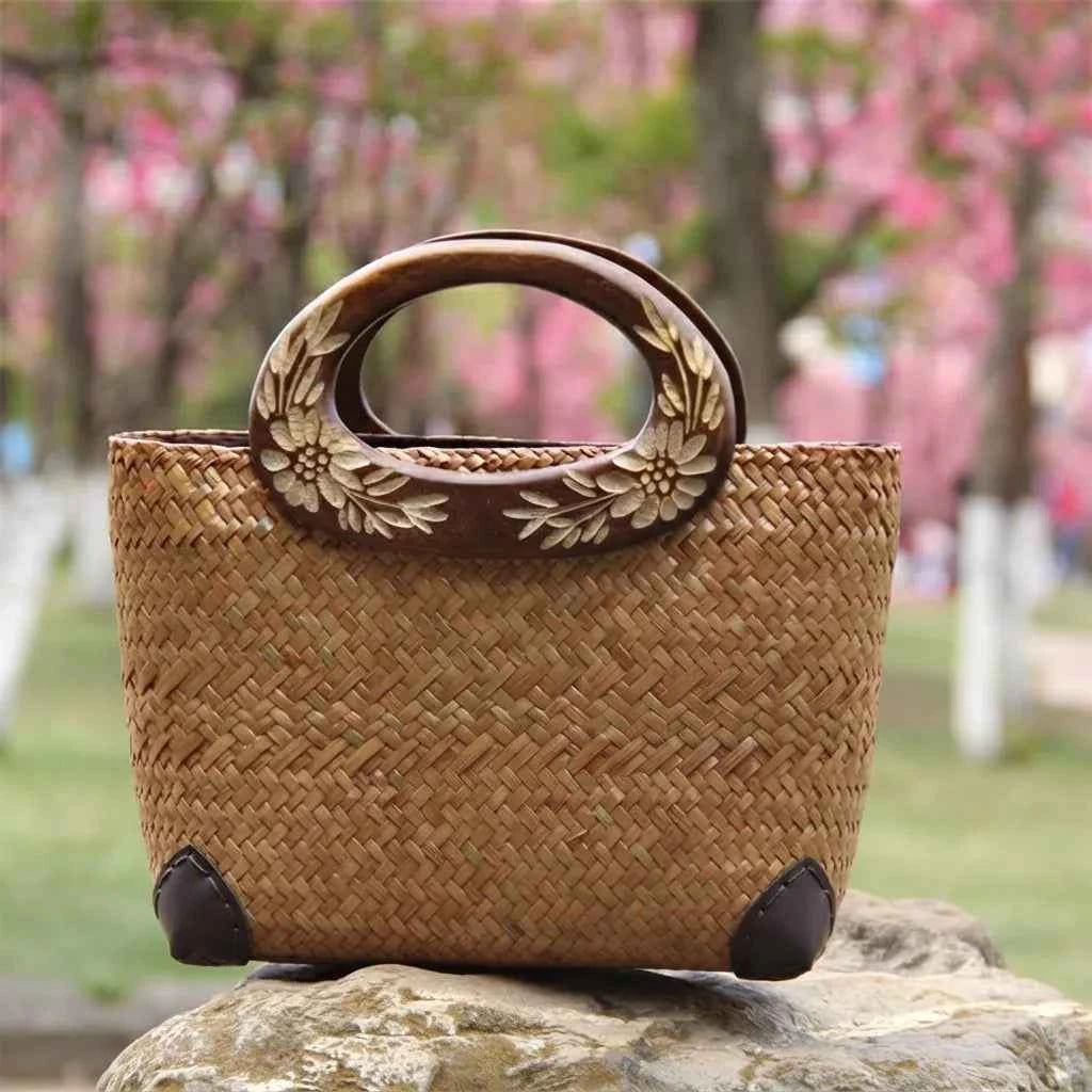 The Bali Vintage Carved Wooden Handle Seagrass Tote Bag - Verdant Bind