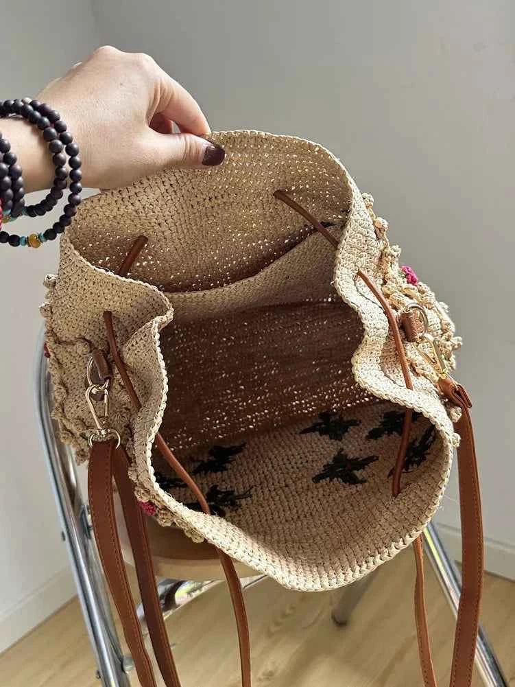 The Tuscan Romantic Crochet Rose Raffia Bucket Bag - Verdant Bind
