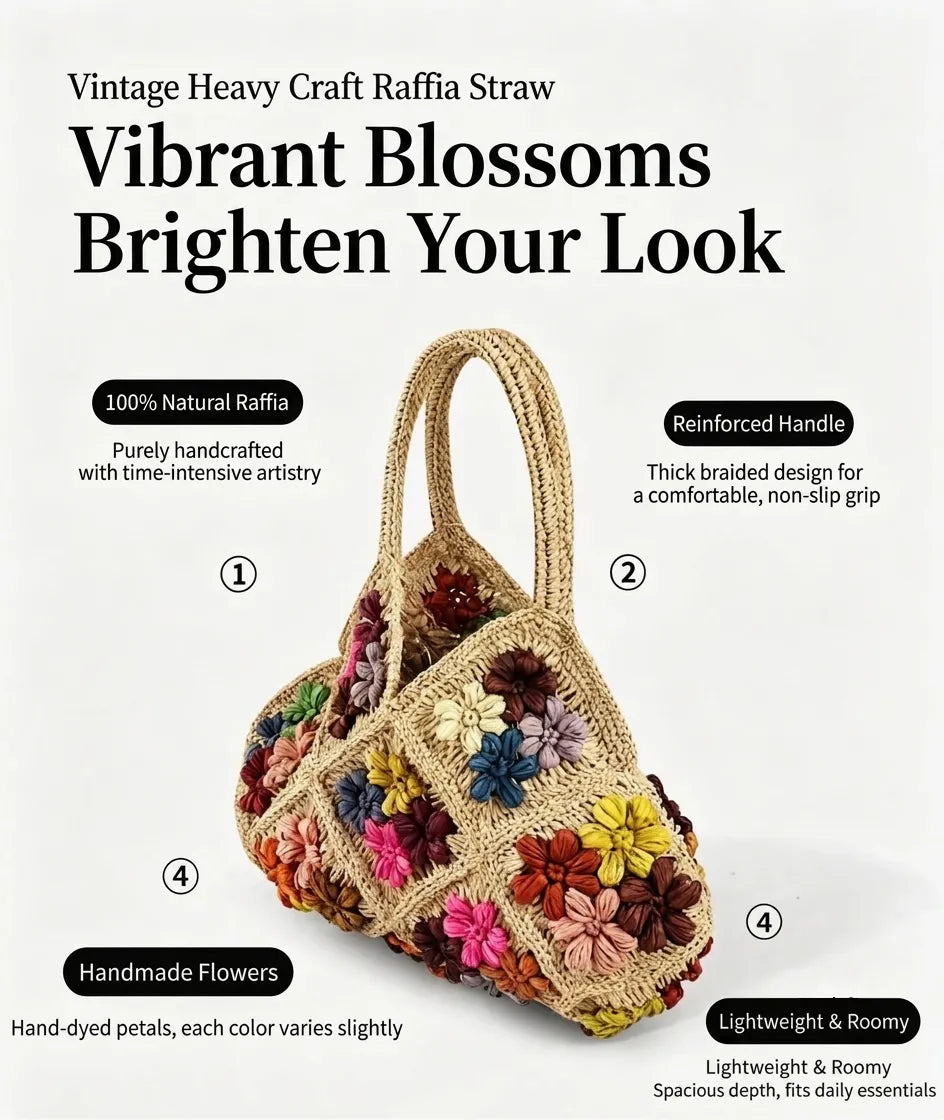 Handcrafted 3D Floral Raffia Top-Handle Bag | Summer Beach Resort Purse