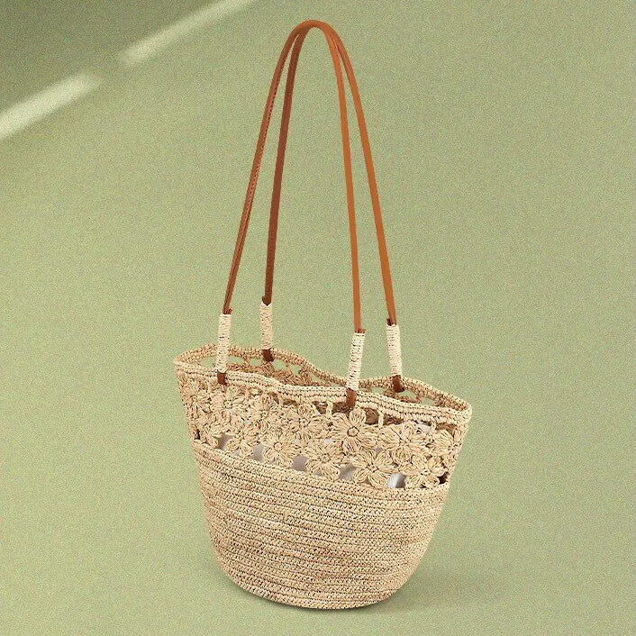 The Riviera Handwoven Floral Raffia Bucket Tote Bag