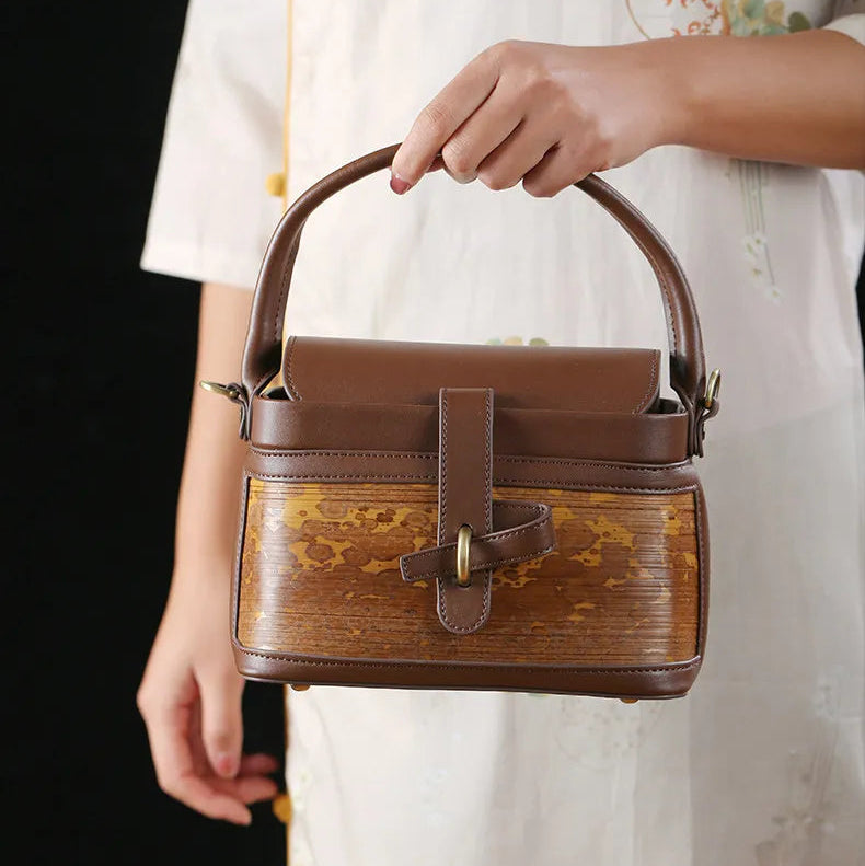 Handcrafted Mottled Bamboo and Genuine Leather Crossbody Bag Vintage Square Box Tote for Women - Verdant Bind