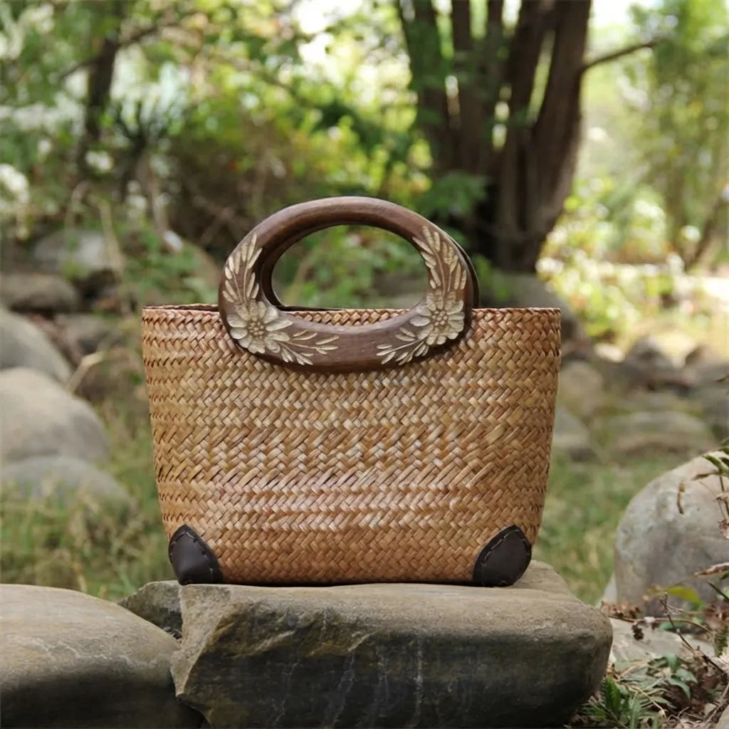 The Bali Vintage Carved Wooden Handle Seagrass Tote Bag - Verdant Bind
