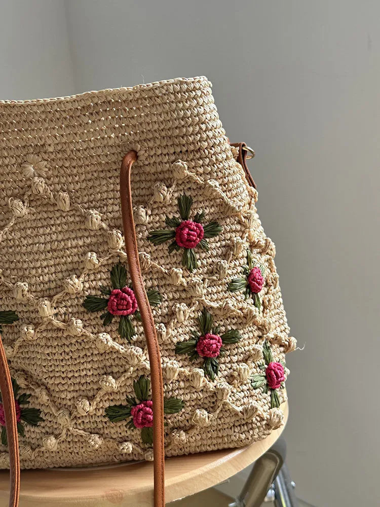 The Tuscan Romantic Crochet Rose Raffia Bucket Bag - Verdant Bind