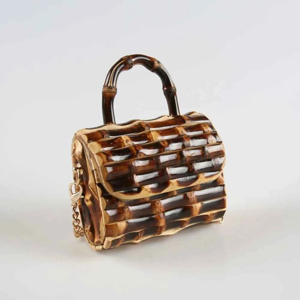 Handcrafted Natural Bamboo Root Mini Box Bag | Vintage Top-Handle & Crossbody Chain Purse