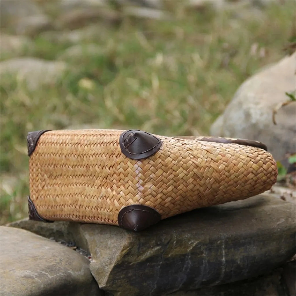 The Bali Vintage Carved Wooden Handle Seagrass Tote Bag - Verdant Bind