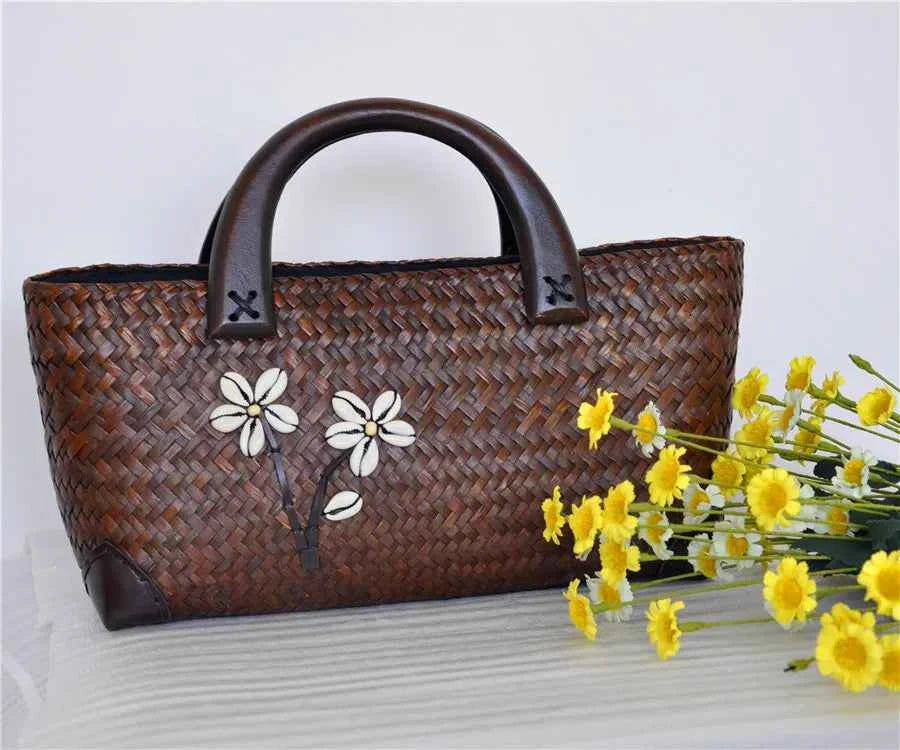 Handcrafted Floral Straw Tote Bag Vintage Rattan Basket Purse French Holiday Handbag