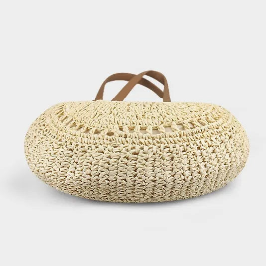 Handcrafted Large Round Straw Tote Bag Summer Beach Vacation Shoulder Purse