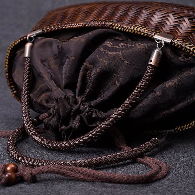 Handcrafted Boat-Shaped Bamboo Tote Bag with Drawstring Lining Vintage Woven Basket Handbag for Women
