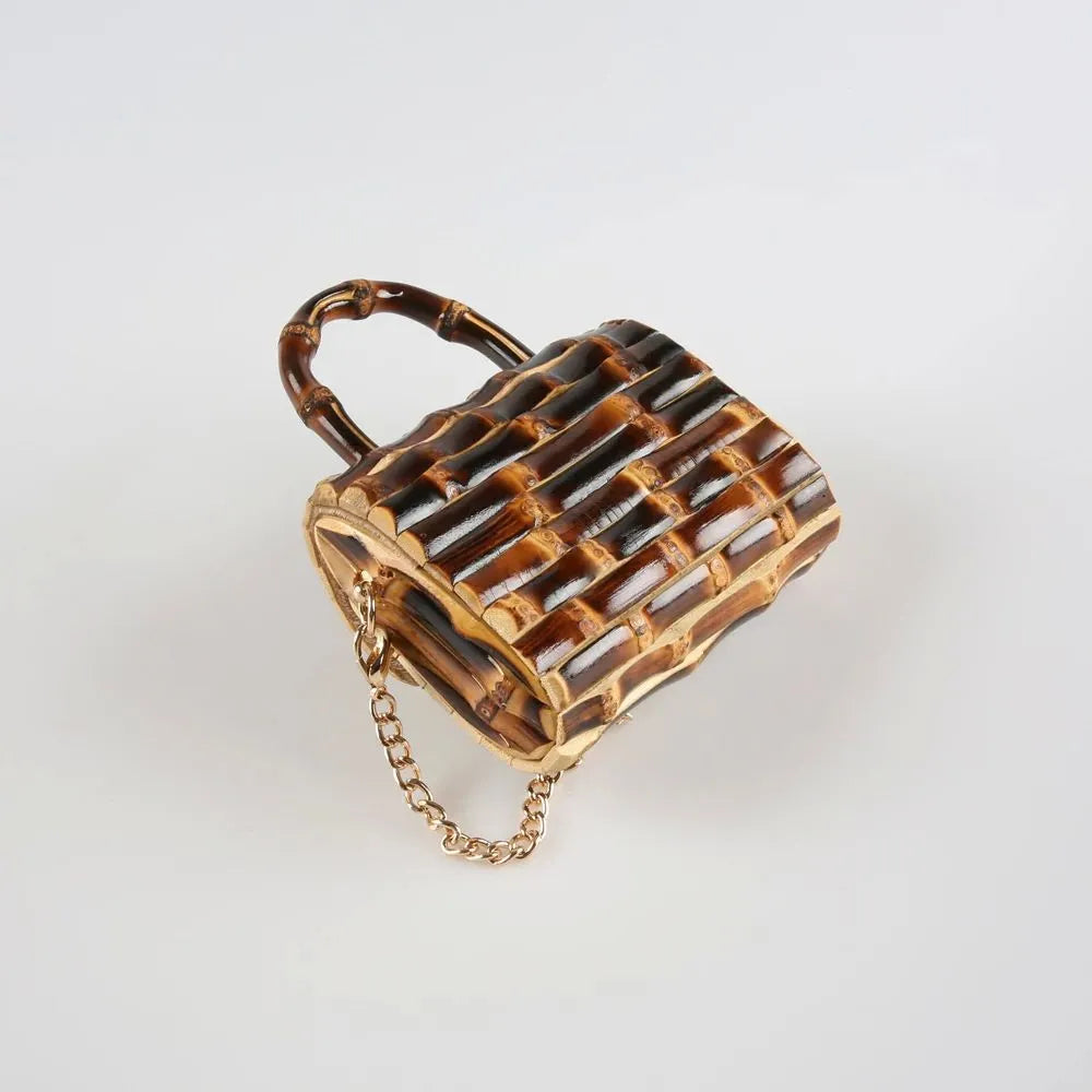 Handcrafted Natural Bamboo Root Mini Box Bag | Vintage Top-Handle & Crossbody Chain Purse - Verdant Bind