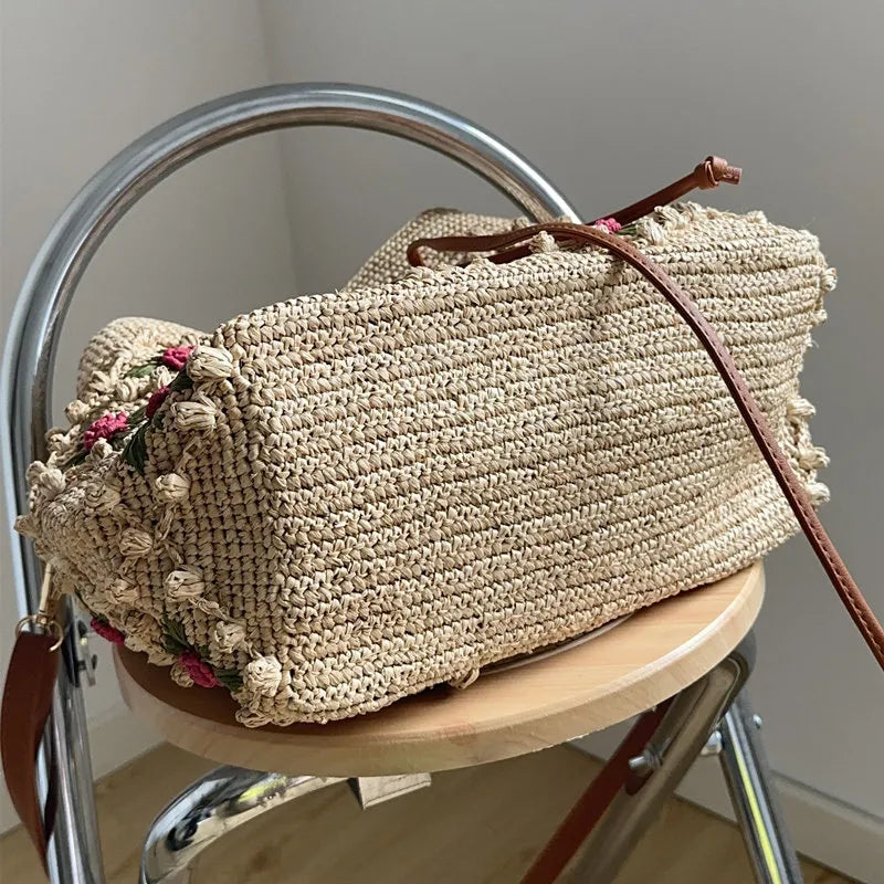 The Tuscan Romantic Crochet Rose Raffia Bucket Bag - Verdant Bind
