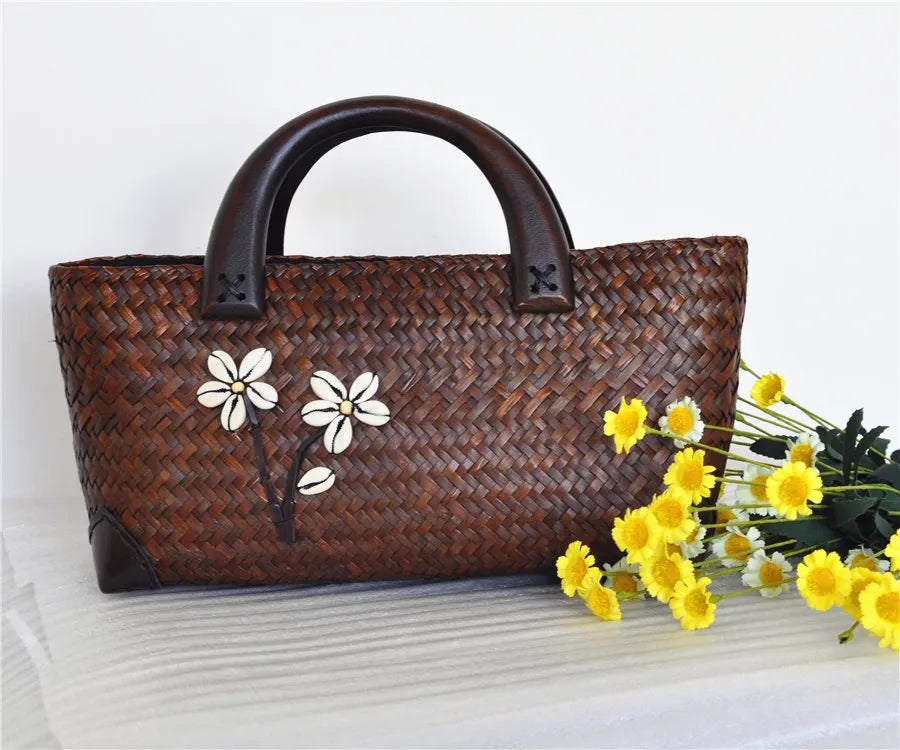 Handcrafted Floral Straw Tote Bag Vintage Rattan Basket Purse French Holiday Handbag
