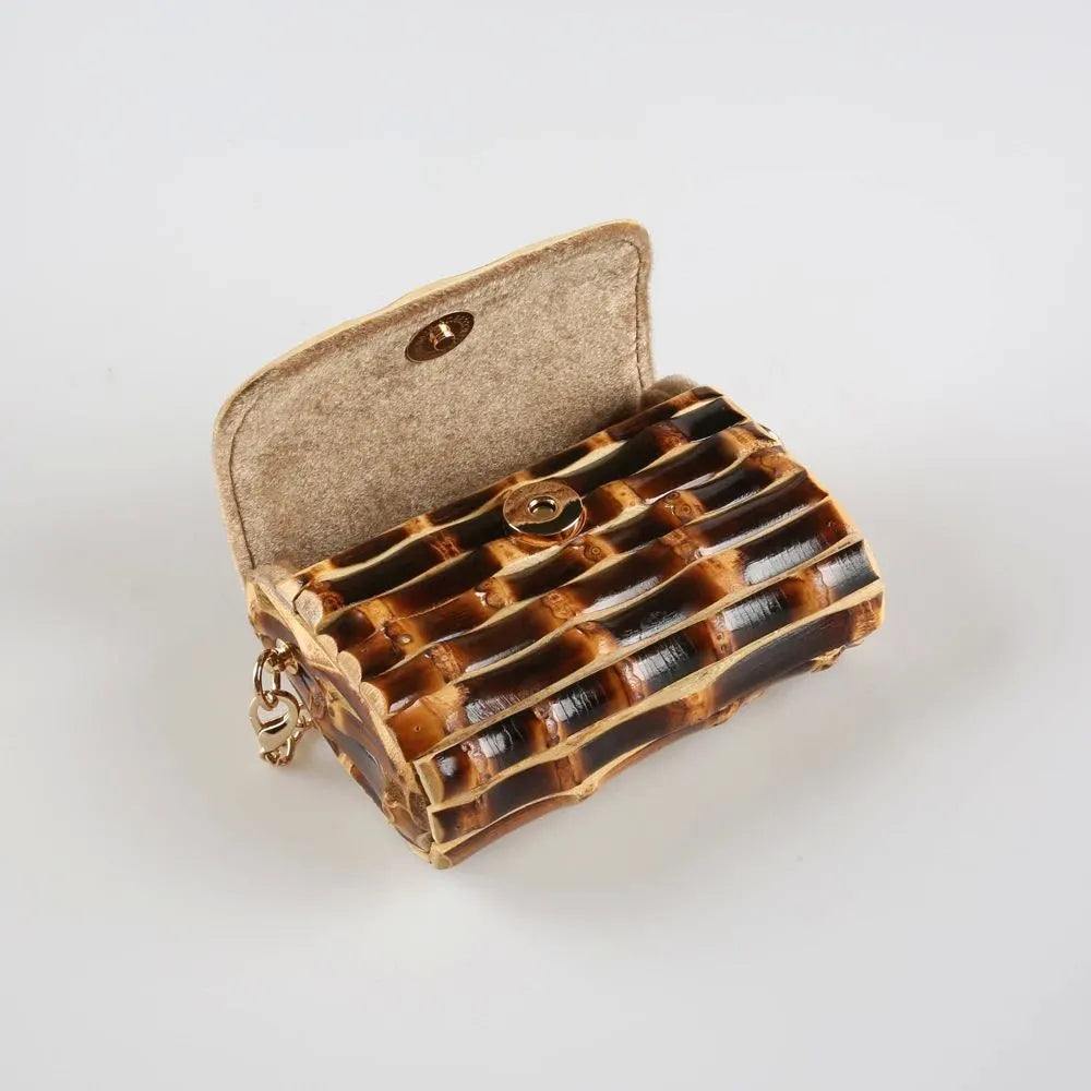 Handcrafted Natural Bamboo Root Mini Box Bag | Vintage Top-Handle & Crossbody Chain Purse - Verdant Bind