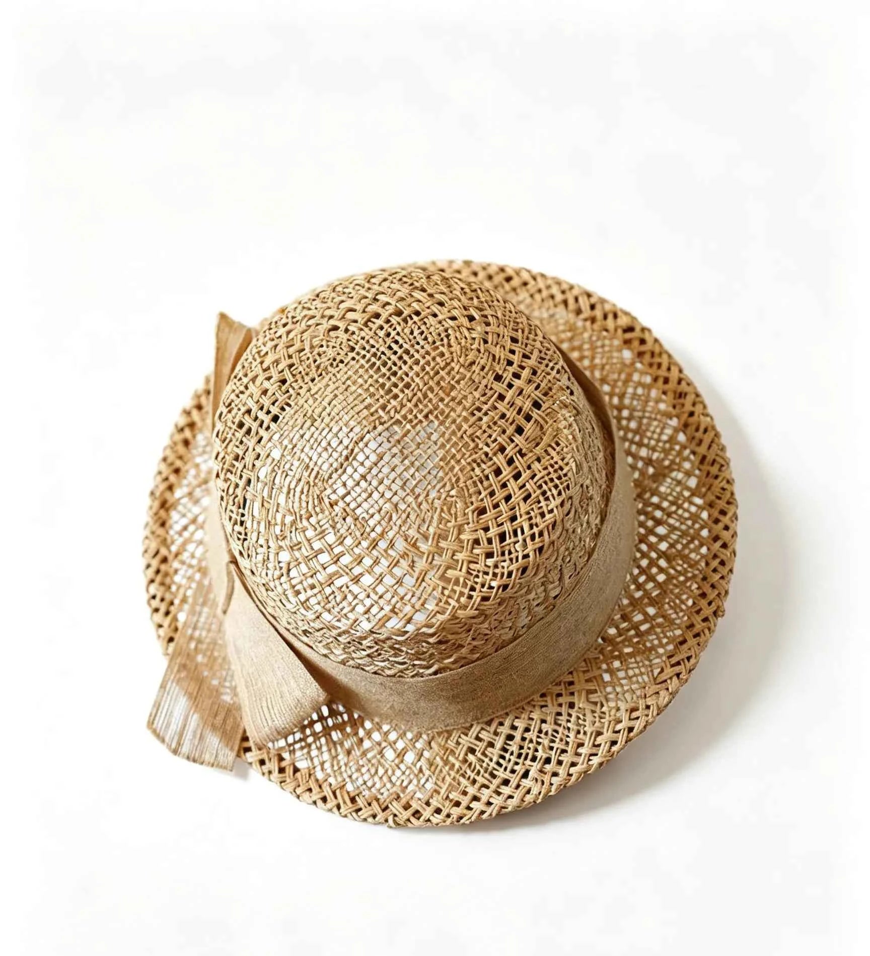 Handwoven Raffia Straw Boater Hat with Hollow Out Twist Knit and Jute Bow Trim for Women