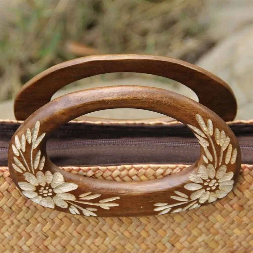 The Bali Vintage Carved Wooden Handle Seagrass Tote Bag - Verdant Bind