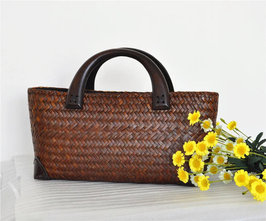 Handcrafted Floral Straw Tote Bag Vintage Rattan Basket Purse French Holiday Handbag