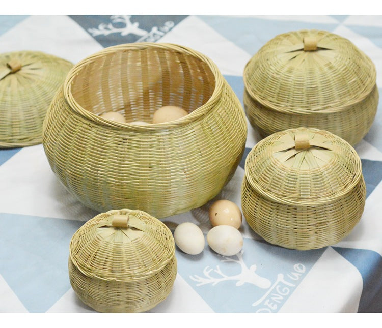 Bamboo Woven Pumpkin Storage Box Handwoven Bamboo Storage Basket Set with Lids