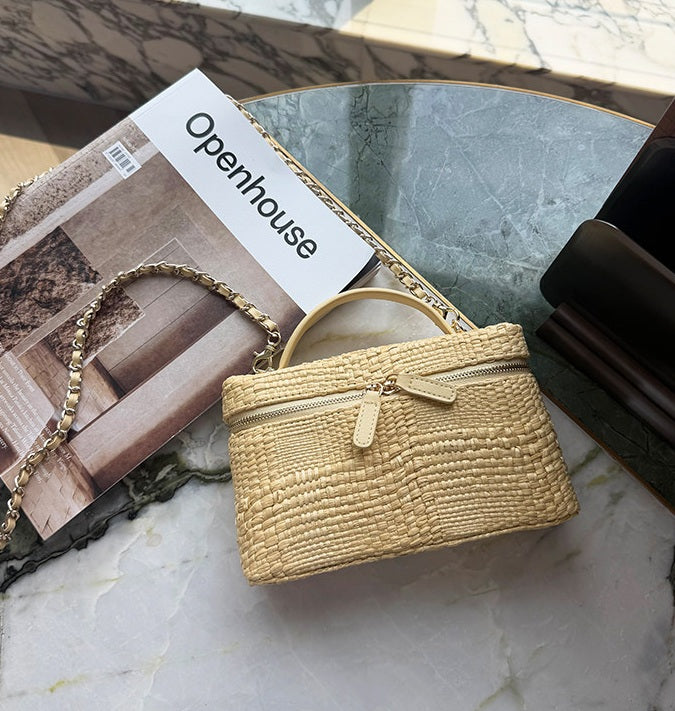 Woven Raffia Top-Handle Handbag Detachable Leather Chain Strap Purse
