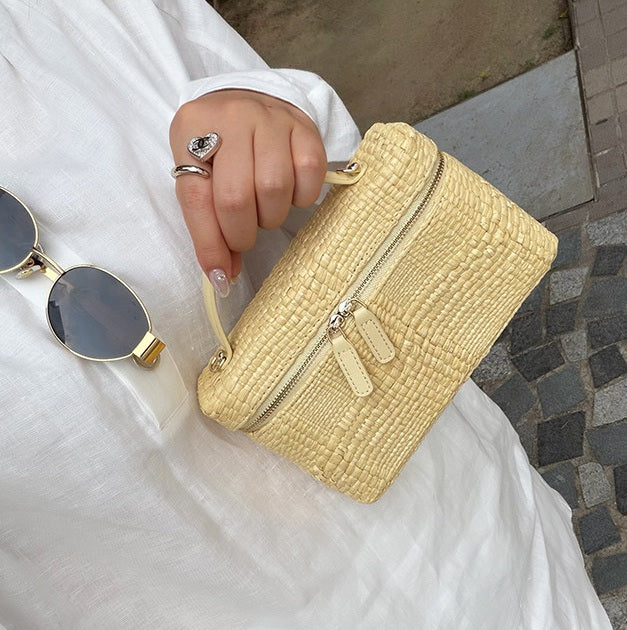 Woven Raffia Top-Handle Handbag Detachable Leather Chain Strap Purse