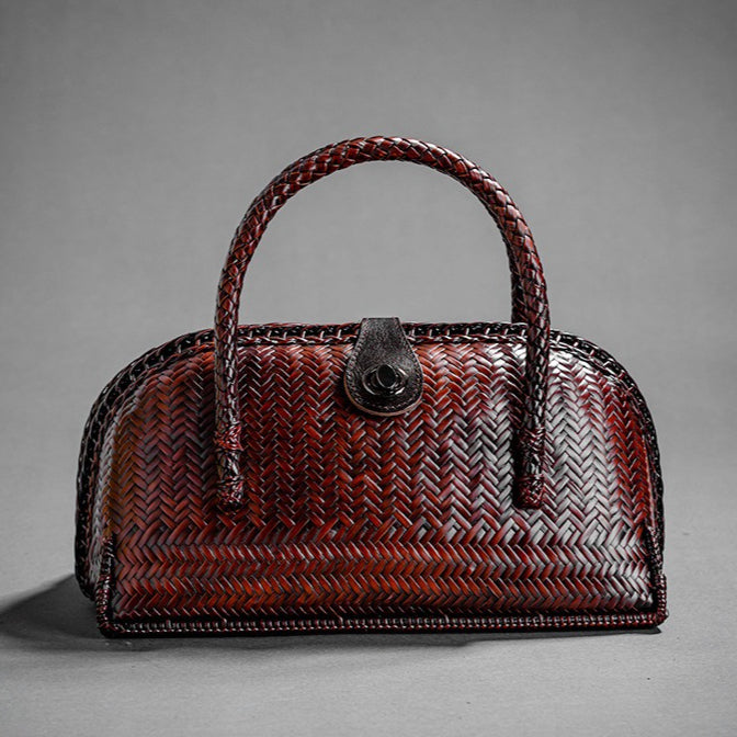 Handwoven Bamboo Half Moon Top Handle Bag - Vintage Woven Purse