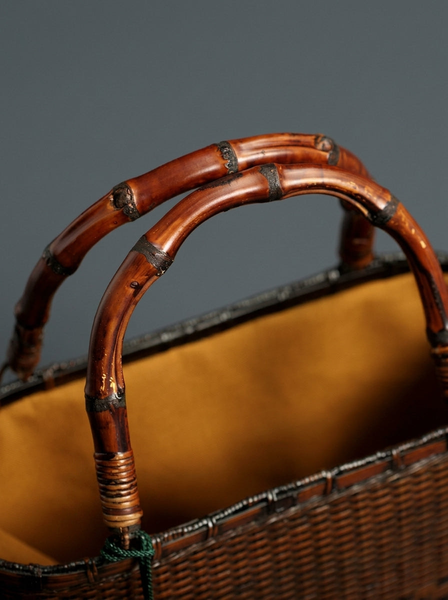 Handcrafted Vintage Bamboo Basket Bag with Natural Bamboo Root Handl
