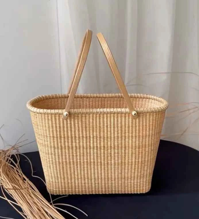 Handcrafted Premium Natural Rattan Basket | Luxury Picnic Tote & Home Storage Organizer with Hardwood Base