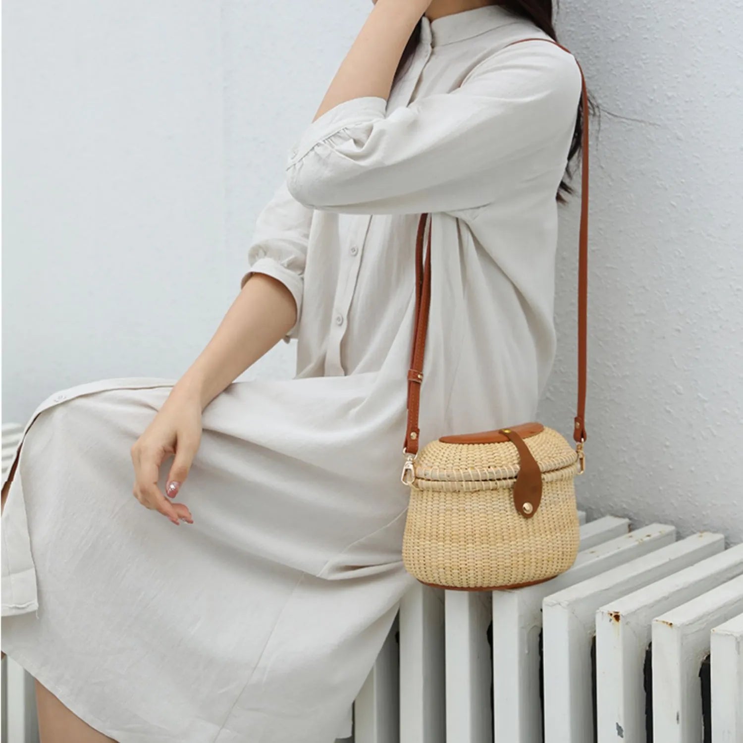 Handcrafted Top-Grain Leather Rattan Box Bag | Detachable Strap Crossbody