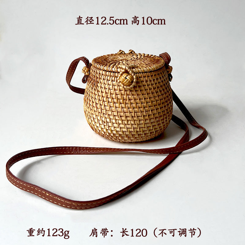 Handwoven Autumn Rattan Cylinder Boho Chic Mini Crossbody Purse
