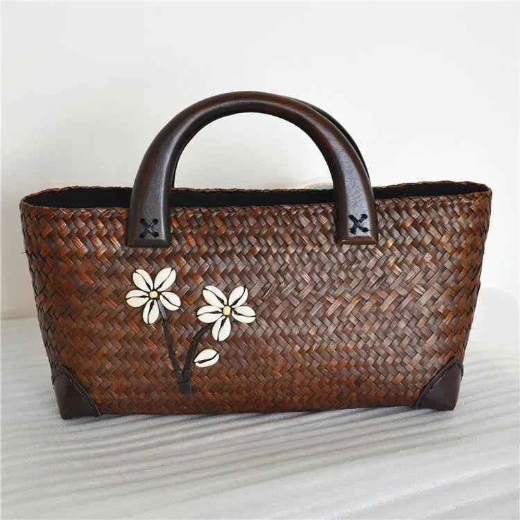 Handcrafted Floral Straw Tote Bag Vintage Rattan Basket Purse French Holiday Handbag