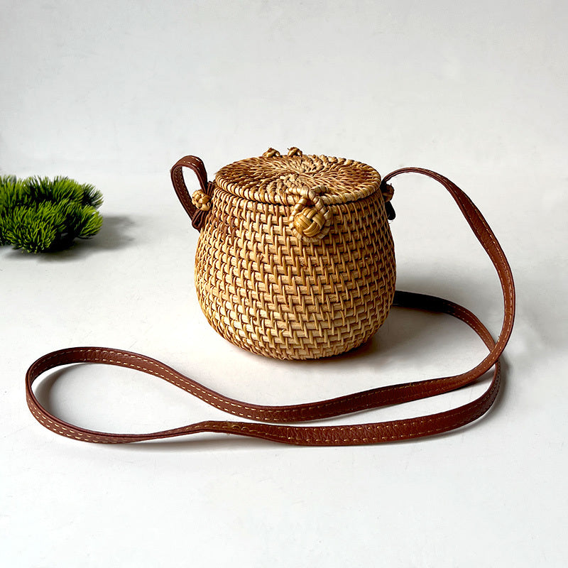 Handwoven Autumn Rattan Cylinder Boho Chic Mini Crossbody Purse