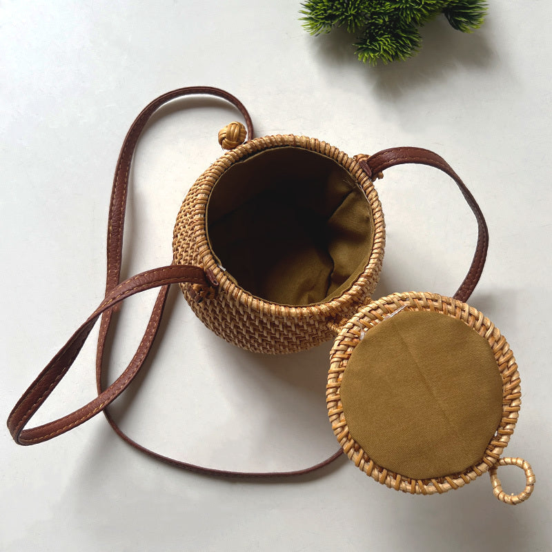 Handwoven Autumn Rattan Cylinder Boho Chic Mini Crossbody Purse