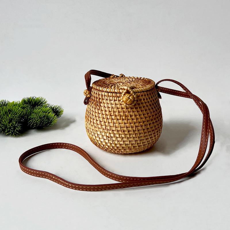 Handwoven Autumn Rattan Cylinder Boho Chic Mini Crossbody Purse